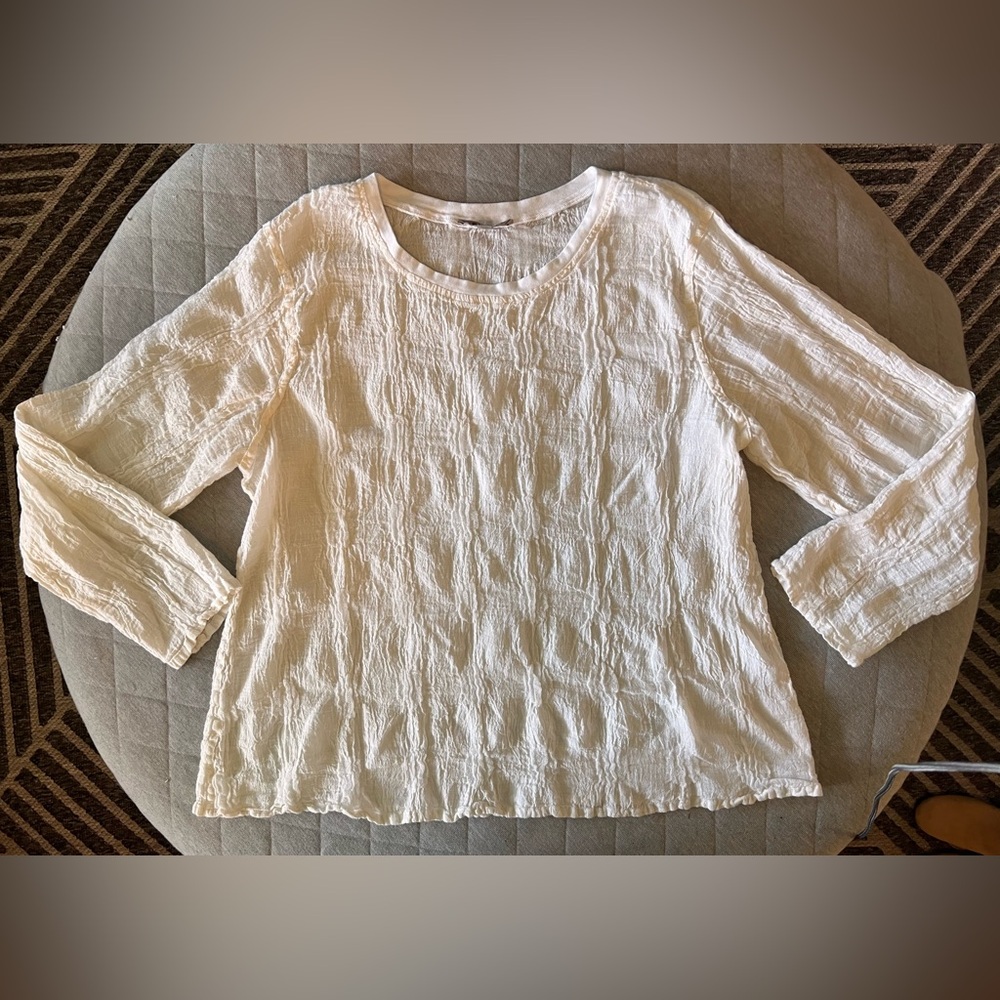 FLAX Large Cream Linen Cotton Round Neck Crinkled Tunic
